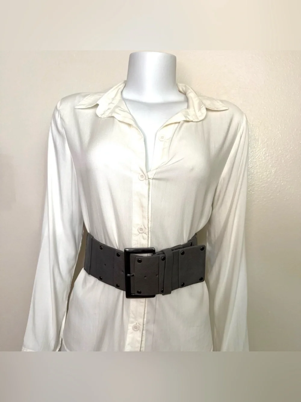 Gray PU leather wide elastic waistband belt with hematite tone rectangle buckle